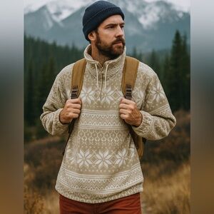 Vintage Stone Beige White snow fair isle Patterned polar Sweater size small